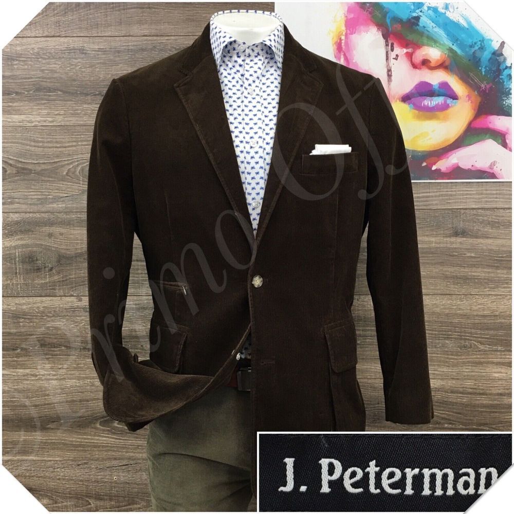 J PETERMAN Mens Blazer Sport Coat Casual Jacket Size 46L Brown Corduroy Suit‎